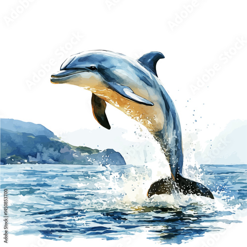 Dolphin Leaping From The Sea, vector watercolor illustration, isolated on a white background.
