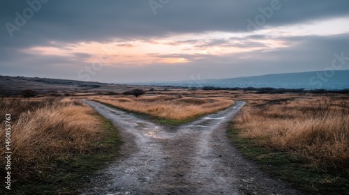 Two paths diverge at sunset, across a golden field.  A landscape of decision