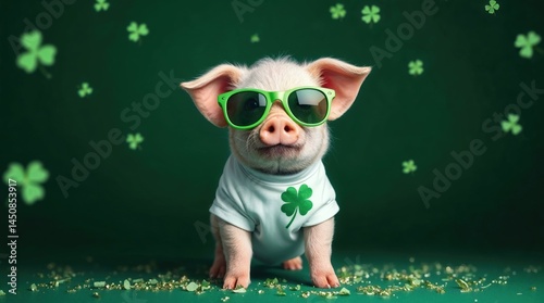 Niedliches Glücksschwein mit Sonnebrille vor grünem Hintergrund