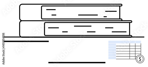 Two large books stacked on a desk alongside a small financial spreadsheet with currency symbol. Ideal for education, learning, finance, organization, planning, record-keeping, simple landing page