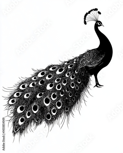 Elegant peacock illustration black and white drawing peacock feathers bird art design wildlife animal