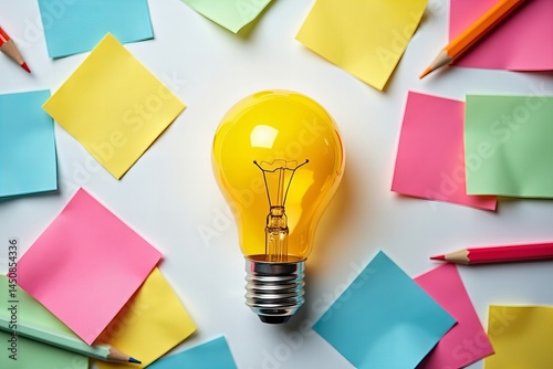 Wallpaper Mural Creative Concept: Light bulb and colorful post-it notes and pencils in a flat lay photo, representing brainstorming and innovation. Torontodigital.ca