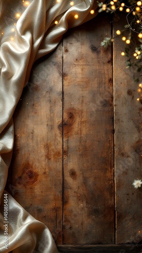 Rustic wooden table background decorated with golden satin cloth, fairy lights, and white flowers creating a warm and festive Christmas atmosphere, perfect for holiday-themed projects