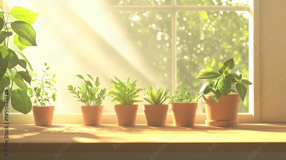 Fototapeta premium Sunlit plants in terracotta pots, windowsill.