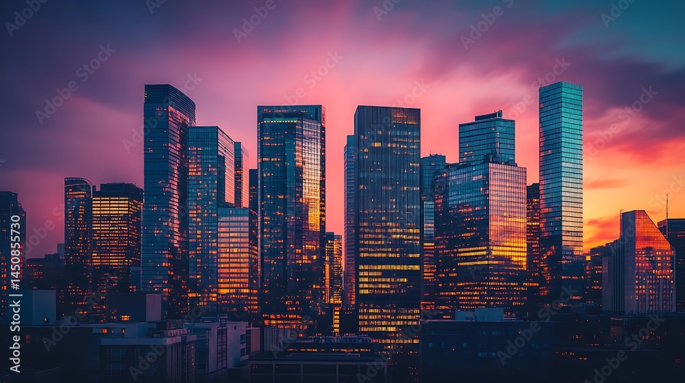 Fototapeta premium A vibrant cityscape panorama at sunset.
