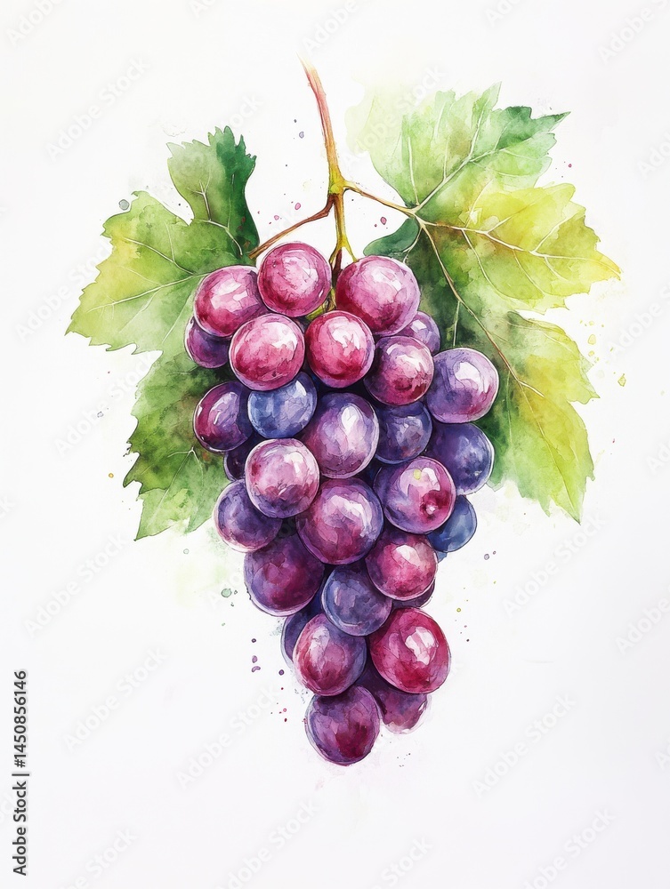 Fototapeta premium Simple Watercolor Grapes Clipart in Minimalist Style – Fresh Botanical Illustration on Clean White Background