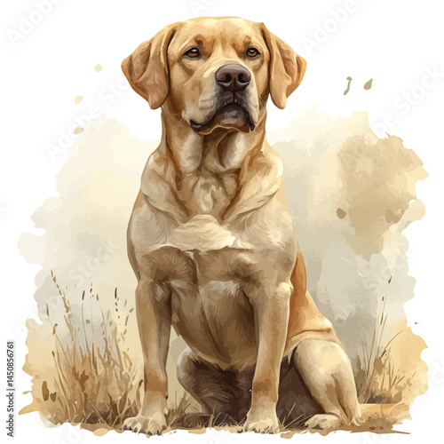 Dog Sitting Obediently, vector watercolor illustration, isolated on a white background.