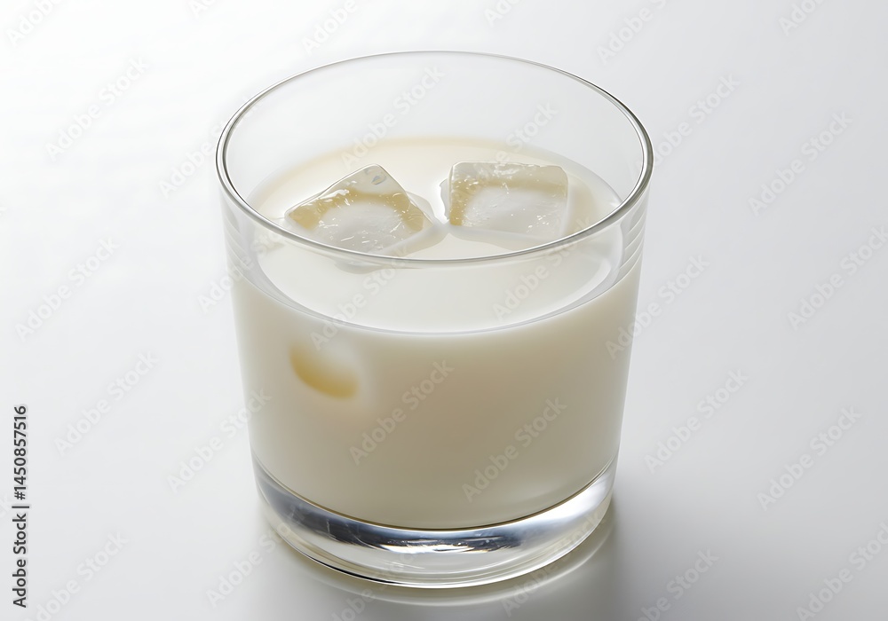 A refreshing drink in a clear glass with ice cubes on a white surface in a bright environment setting A refreshing drink in a clear glass with ice cubes on a white surface in a bright environment setting