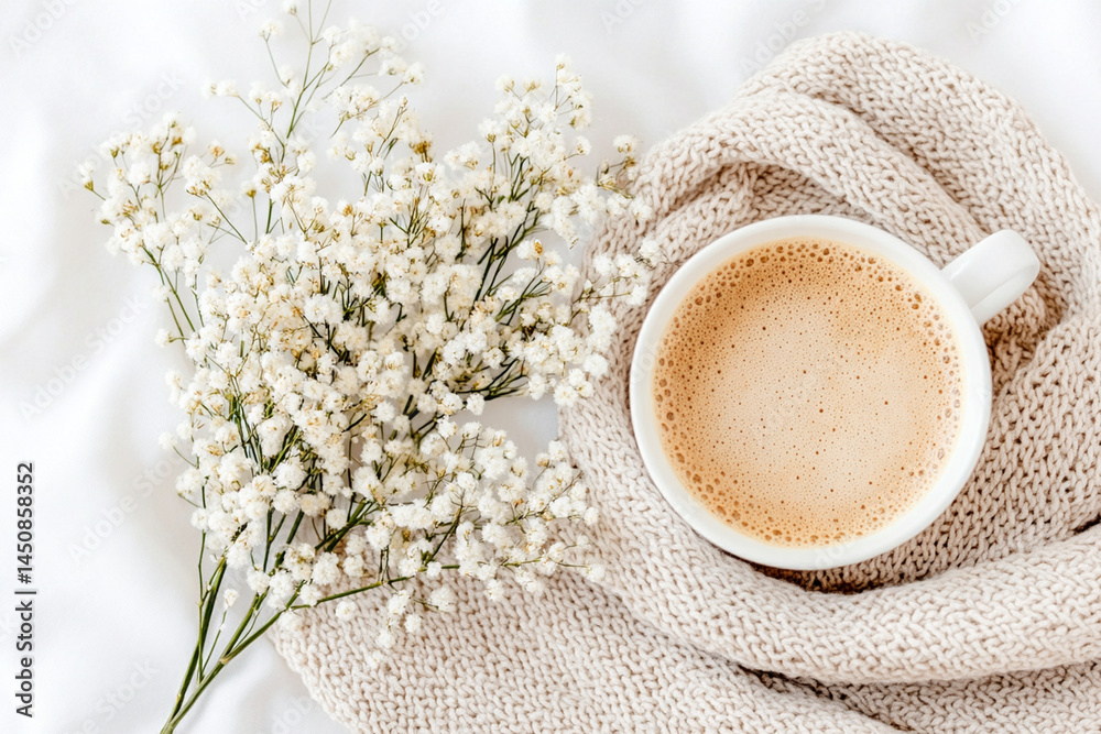 Moments of tranquility with a warm beverage and delicate flowers on a cozy blanket during a peaceful afternoon Moments of tranquility with a warm beverage and delicate flowers on a cozy blanket during a peaceful afternoon