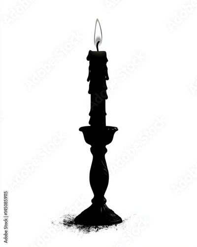 Black candle with flame on a candlestick holder isolated on white background, gothic halloween decor