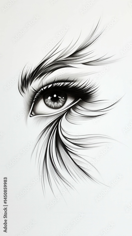 Fototapeta premium Monochrome eye drawing, feather-like lashes.