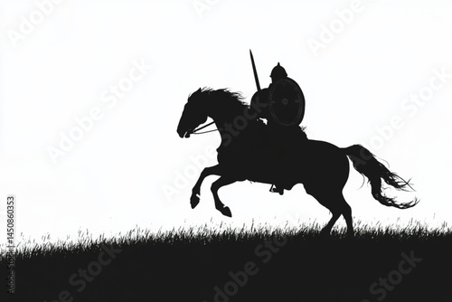 Silhouette of medieval knight on horseback charging warrior with sword and shield on horse art