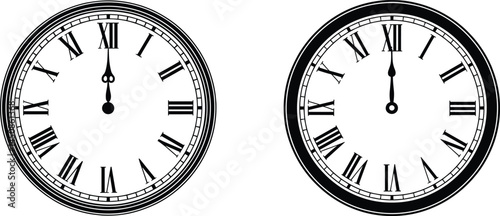 Silhouette Set of Vintage Wall Clock with Roman Numerals – Elegant Round Vector Design at 12:00