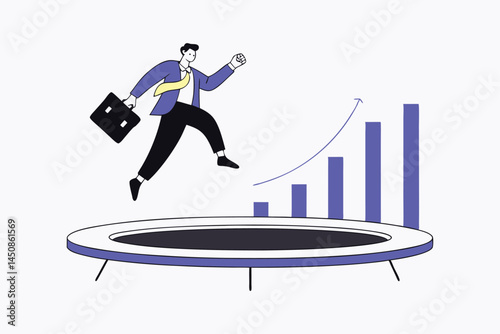 Business Challenge, Revenue Rebound, and Profit Growth Jump Concept Strong Businessman Jumping from Trampoline to Top of Growing Bar Graph