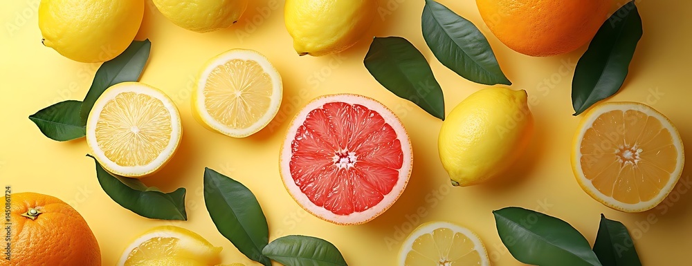 Citrus fruits on yellow, healthy food
