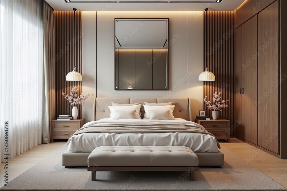 Fototapeta premium Ideas for a Beautiful Bedroom with Spacious Bed and Full-length Mirror