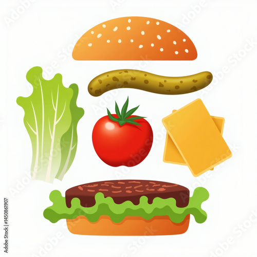 Hamburger Ingredients: Bun, Beef Patty, Cheese, Tomatoes, Lettuce, Pickle