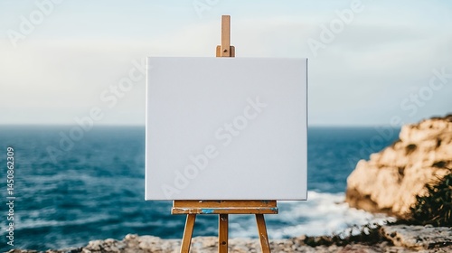 Blank canvas on easel set against a serene ocean backdrop, ready for creation