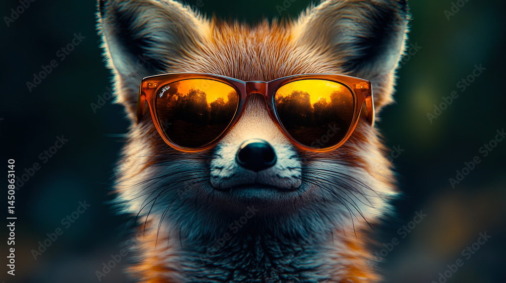 Fototapeta premium Confident fox wearing orange sunglasses with a city reflection, ideal for trendy advertising, animal-themed designs, or social content. 