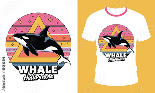 Retro Whale T-Shirt Design with Geometric Sunset