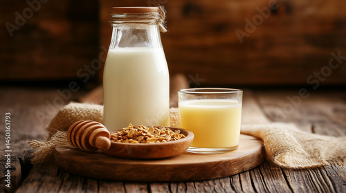 Delicious breakfast with milk, honey, and granola on a rustic wooden table in a cozy kitchen