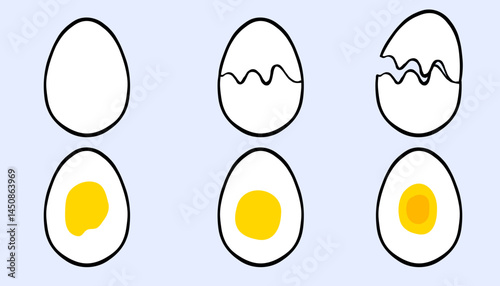 Boiled egg doodle set — hand-drawn vector icons showing different boiling stages from soft to hard. Fun breakfast illustration for food design, menus, cookbooks, and healthy eating projects.