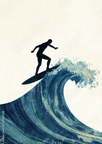 Surfing silhouette on ocean wave art print, surfer riding wave, extreme sports, ocean scenery art