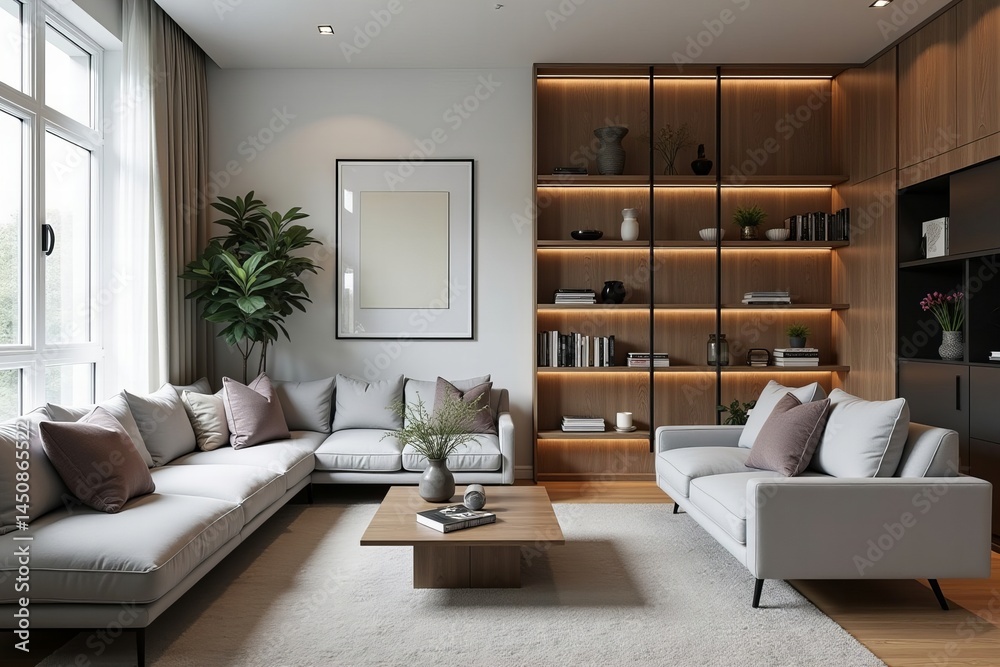 Fototapeta premium Modern and Stylish Living Room with Grey Sofas, Natural Light, and Sleek Shelving Unit