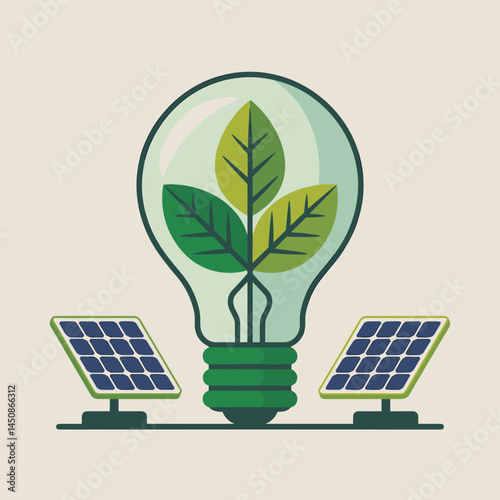 Eco Lightbulb with Solar Panels and Leaf Symbol