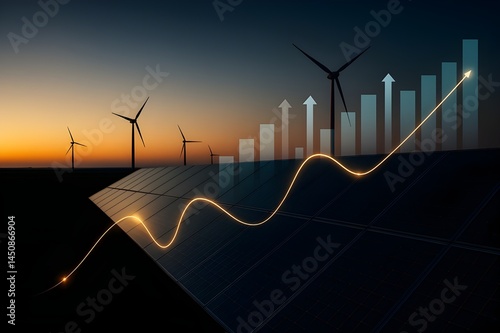 Renewable Energy Growth Concept – Solar Panels, Wind Turbines and Financial Chart at Sunset