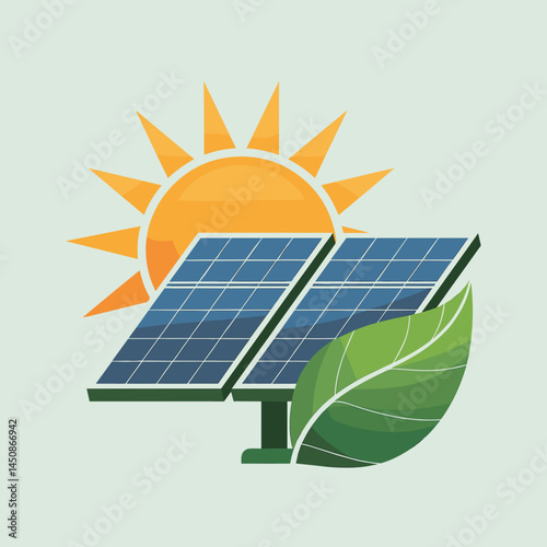 Solar Power Panel with Sun and Leaf Icon