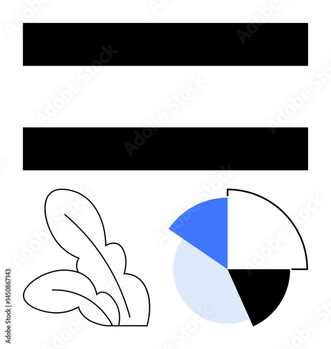 Black bold bars, abstract plant line art, and pie chart with alternating blue, black, and white sections. Ideal for sustainability, growth, equality, analysis simplicity business and eco themes
