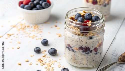 Jar of Overnight Oats with Blueberries, Raspberries, and Granola on White Table
