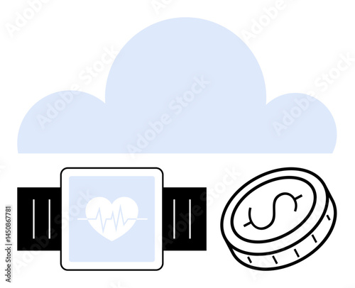 Fitness smartwatch with heart monitor beside a dollar coin and a cloud graphic. Ideal for technology, health, wellness, finance, cloud computing, wearable devices, simple landing page
