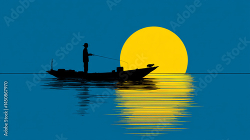 Silhouette fishing boat illustration with sunset scene on water for background and wallpaper use