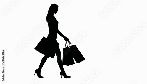 Silhouette of a woman walking with shopping bags, retail therapy