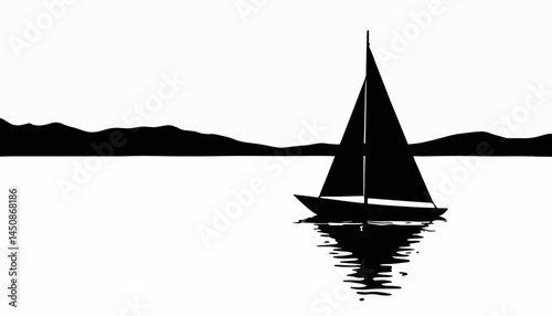 Silhouette of sailboat on lake at sunset, serene tranquility
