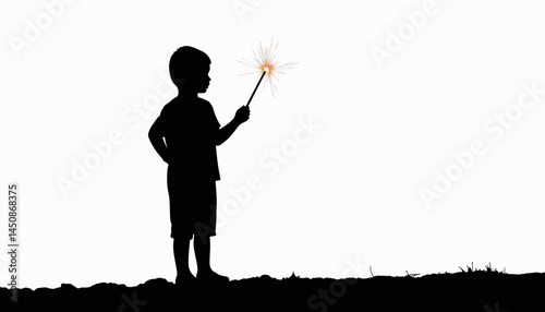 Child holding lit sparkler in silhouette, celebration of joy