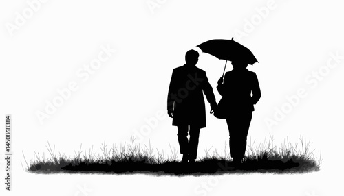 Couple walking under umbrella in silhouette, love and protection