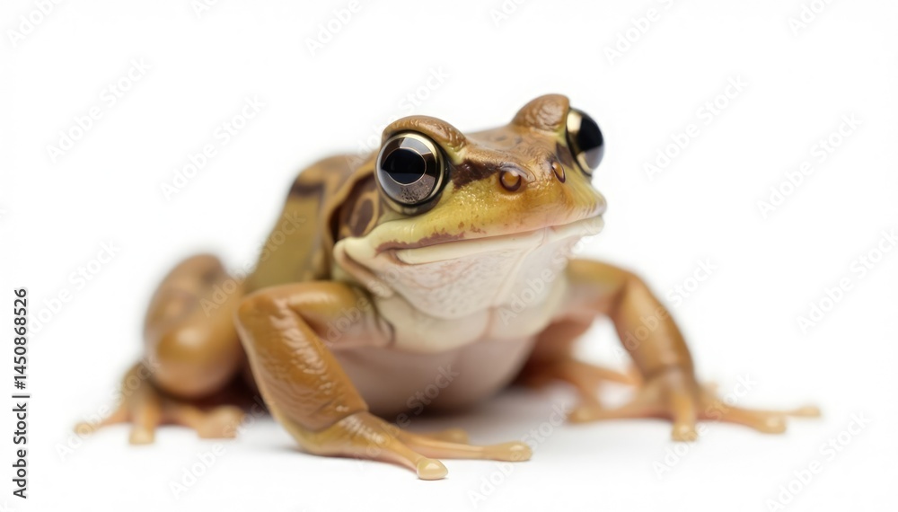 Fototapeta premium Small brown frog isolated against pure white background , one, minimal, single