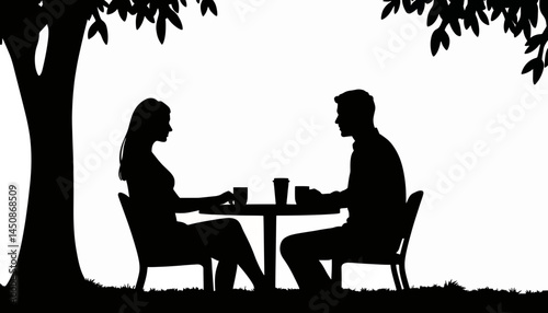 Silhouette couple conversing at outdoor café, connection and intimacy