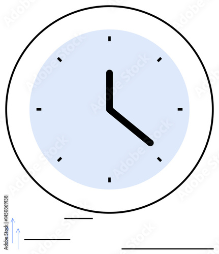 Analog clock displaying time with clean design and clear markings. Ideal for time management, productivity, scheduling, punctuality, organization, focus, planning strategies. Flat simple metaphor