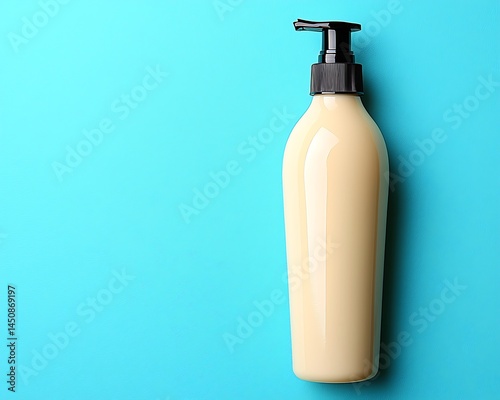 Beige pump bottle on blue