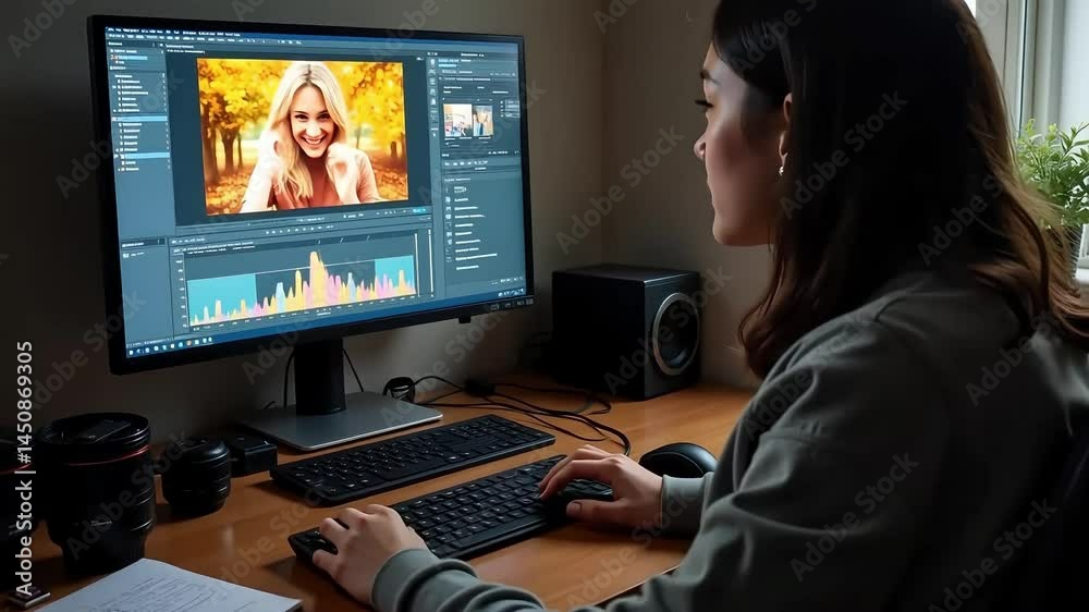 Woman edits photos using professional software on a desktop computer Woman edits photos using professional software on a desktop computer