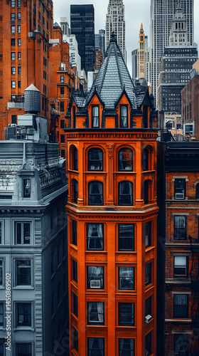 Urban cityscape with a mix of vintage and modern architecture, showcasing a striking orange building amidst taller structures
