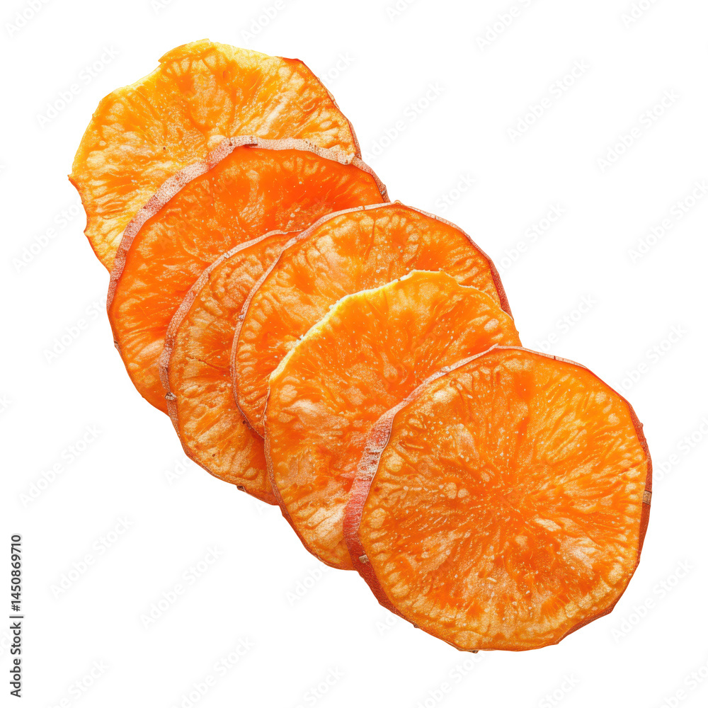 Sliced sweet potato rounds showing orange interior and fresh texture, Isolated Transparent Background Sliced sweet potato rounds showing orange interior and fresh texture, Isolated Transparent Background