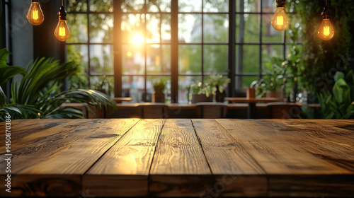 Rustic wooden table in cozy cafe interior with sunlight and green plants, perfect for product display, mockups, or lifestyle design.
