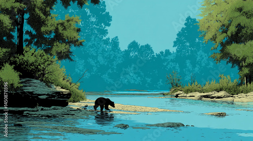 Illustration of bear crossing river in forest landscape wildlife nature scenic artwork outdoors