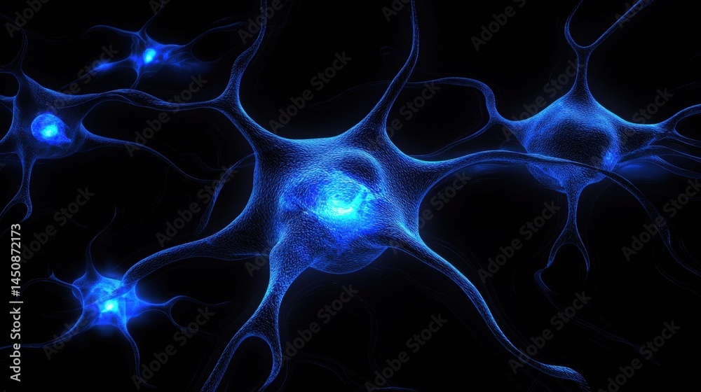 Close-up 3D illustration of multiple blue neurons transmitting signals in a dark environment. Represents neural connections, the brain, or AI networks Close-up 3D illustration of multiple blue neurons transmitting signals in a dark environment. Represents neural connections, the brain, or AI networks