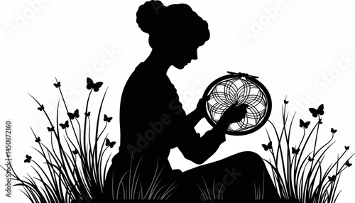Woman creating embroidery silhouette in nature, artistic expression